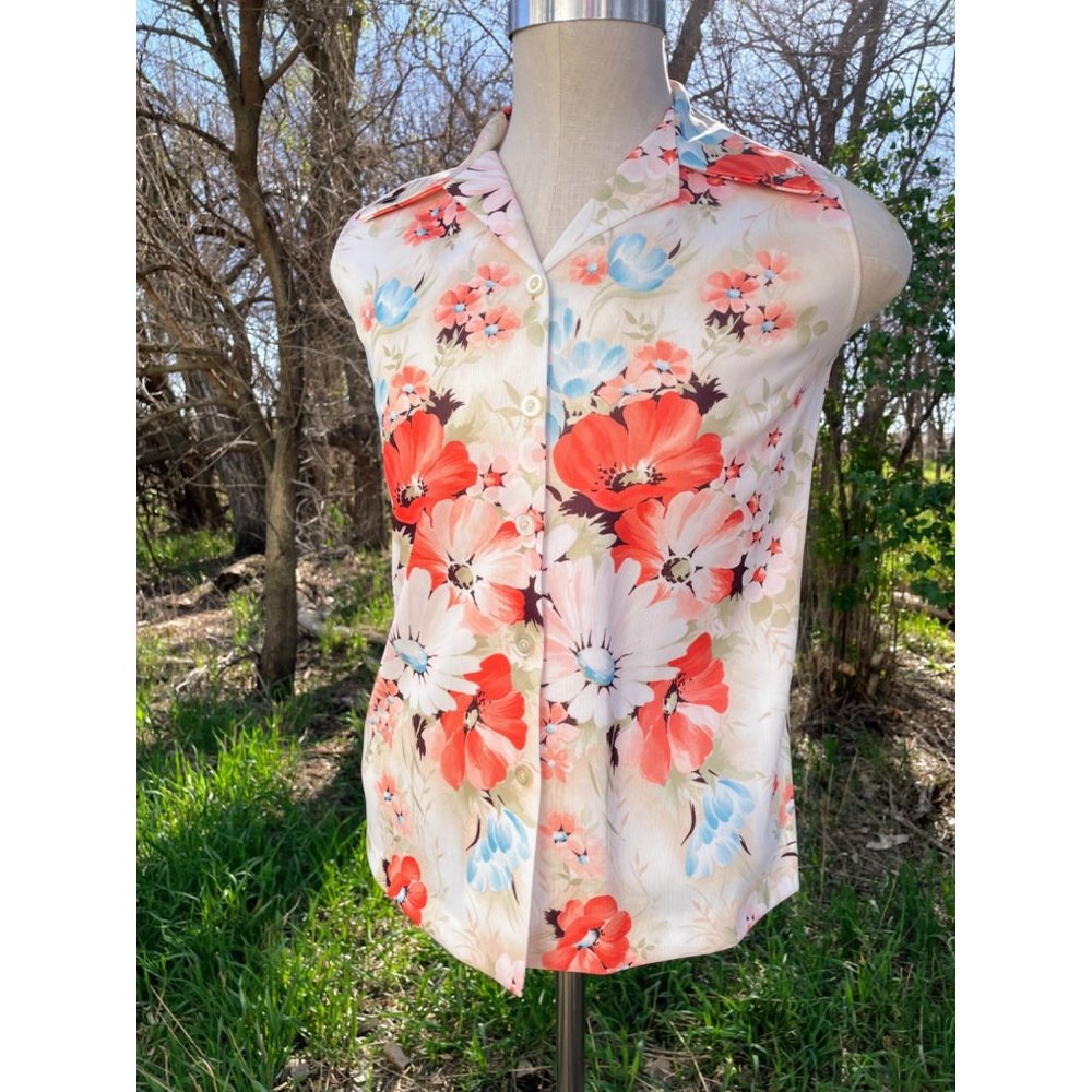Vintage 1970s Mod Sleeves Blouse Top Orage Floral Retro